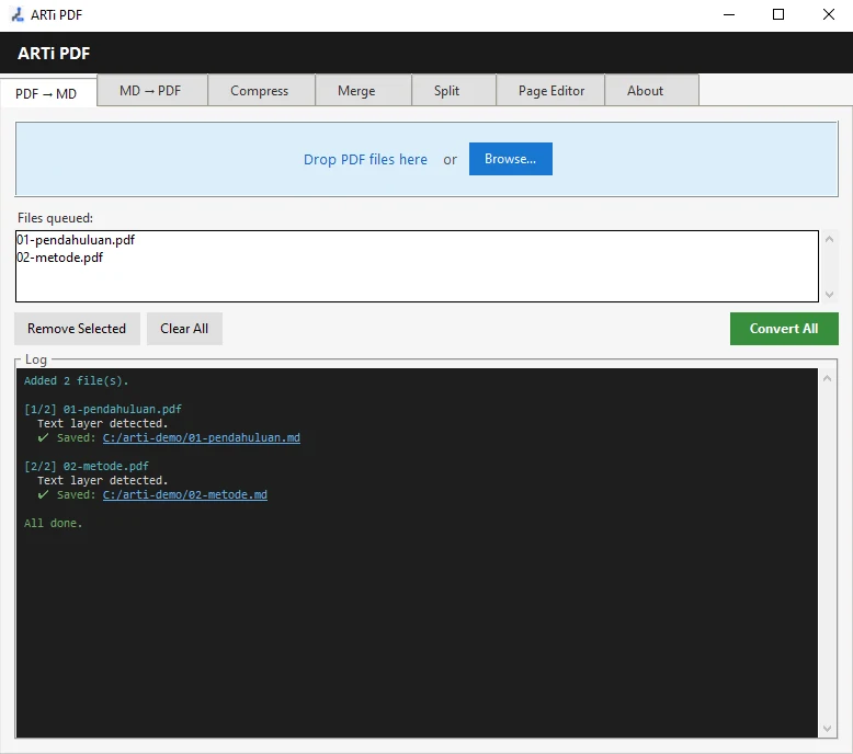 Aplikasi ARTi PDF, tab PDF ke Markdown dengan dua berkas yang selesai dikonversi