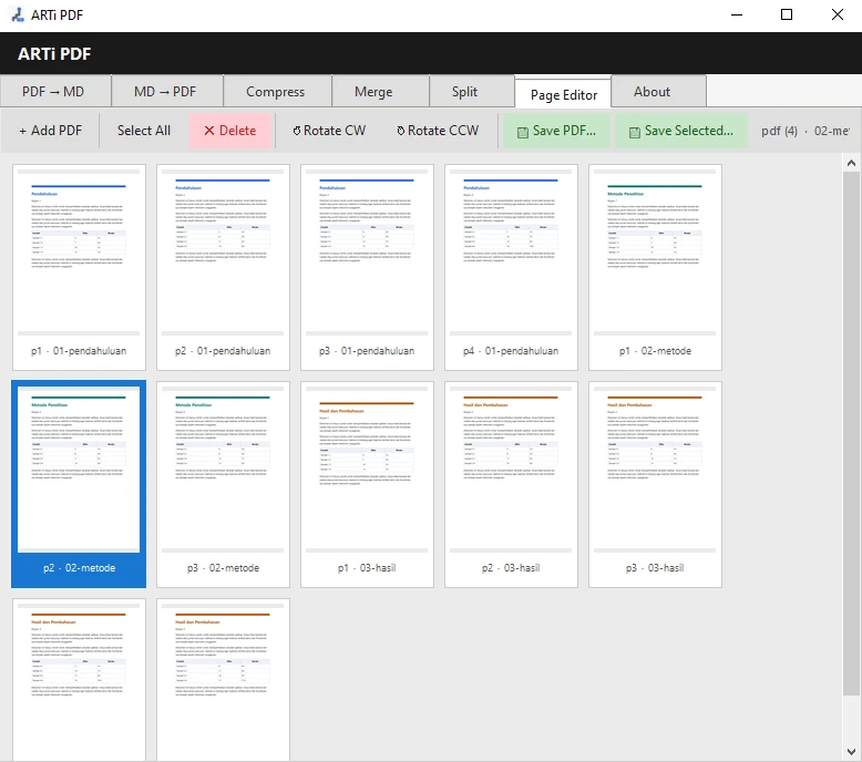 Aplikasi ARTi PDF di Windows, tab Page Editor menampilkan thumbnail halaman dari tiga berkas PDF yang bisa diurutkan, diputar, dan dihapus