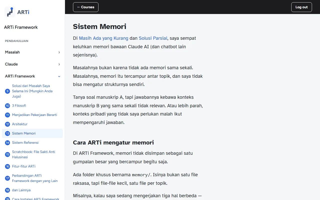 Tampilan e-course di aplikasi: bab Sistem Memori dengan daftar bab dan subbab di sisi kiri